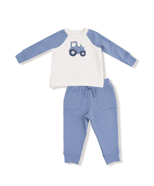 French Terry Mini Tractors Raglan Sweatshirt and Jogger Set