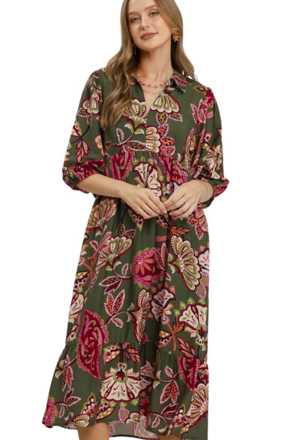 Olive-Boho Paisley Tiered Midi Dress