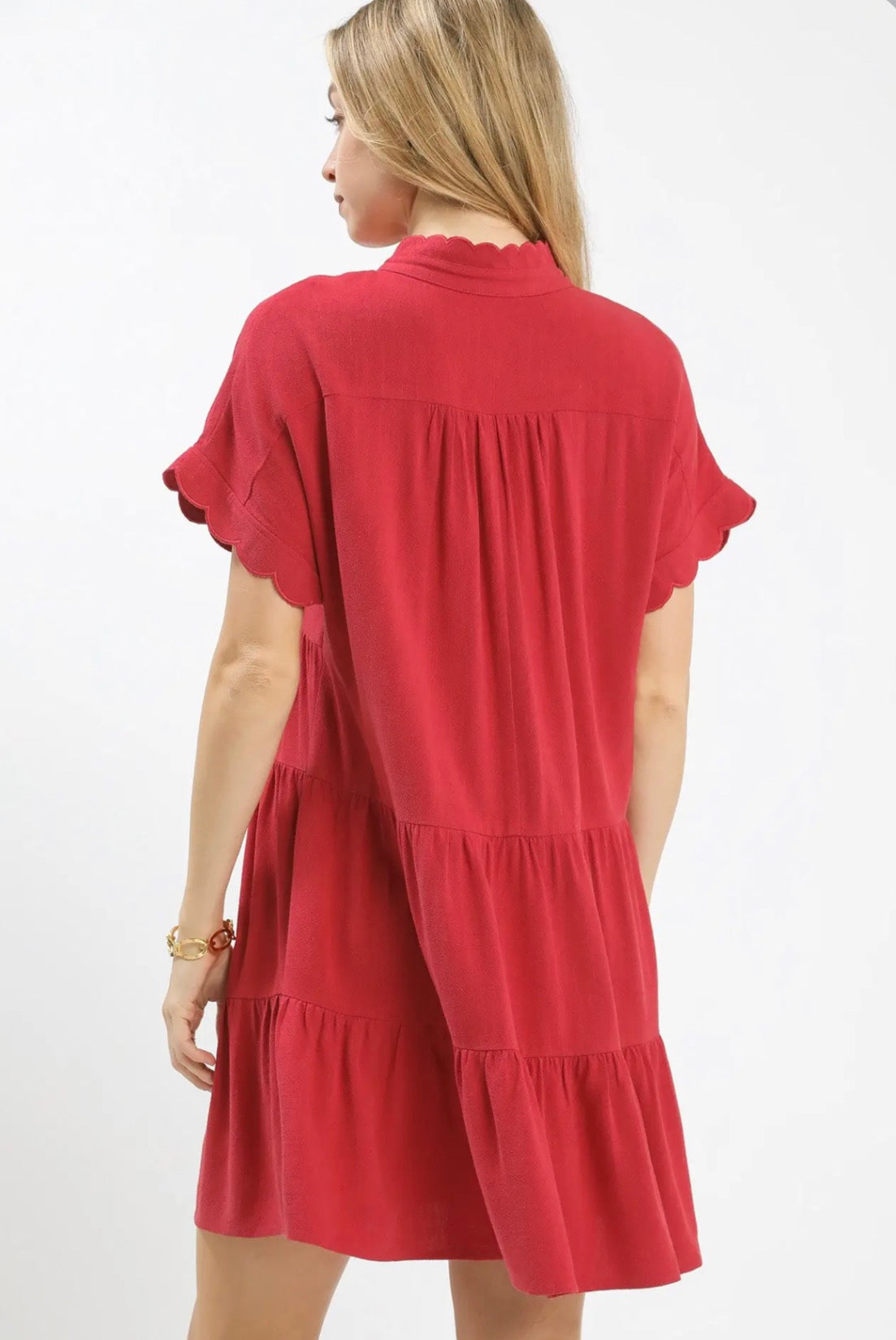 Raspberry - Linen Mini Dress with Scallop Trim