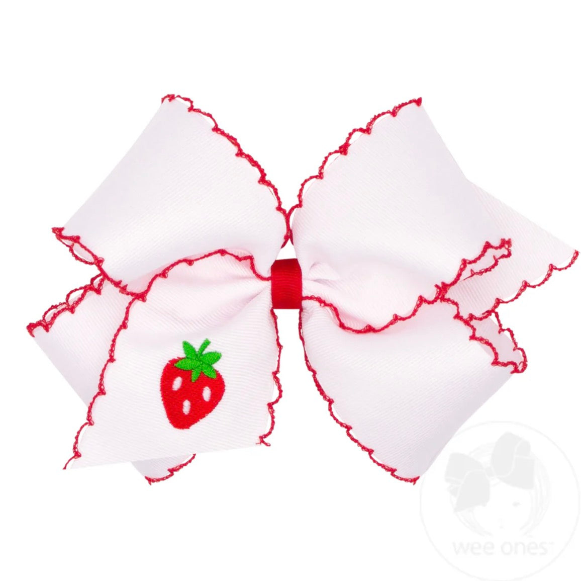 King Strawberry Embroidered Moonstitch Edge Hair Bow 6.25” x 5”