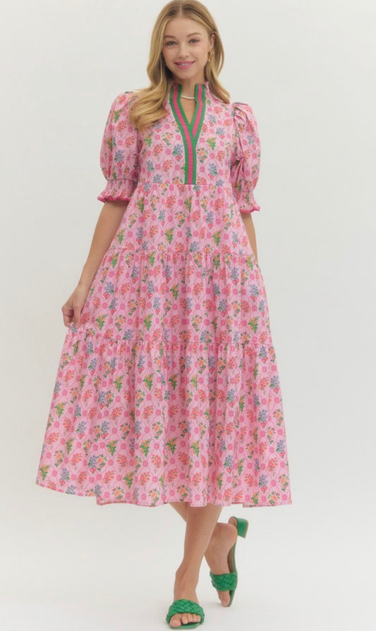 Pink Floral print puff sleeve midi dress