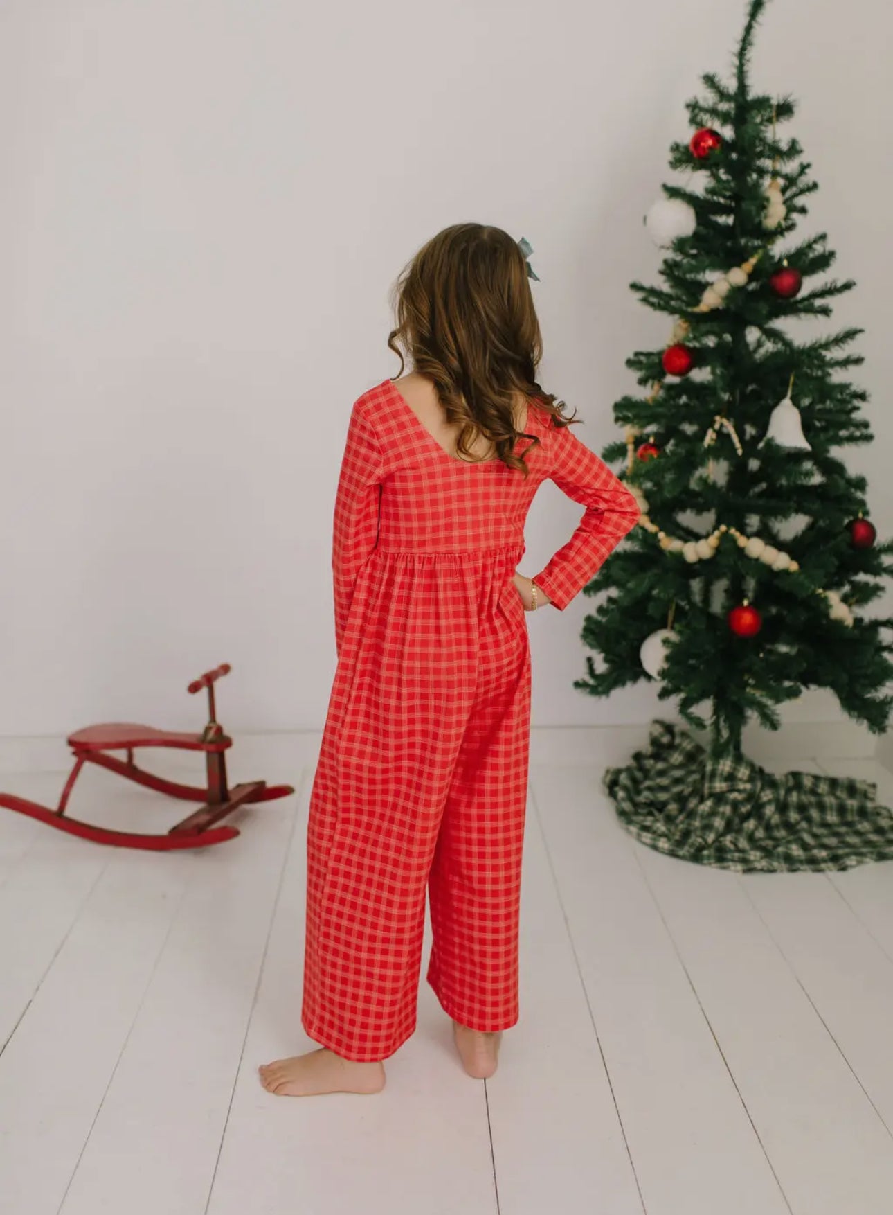 Long Sleeve Leggy Romper in Red Pinic Plaid