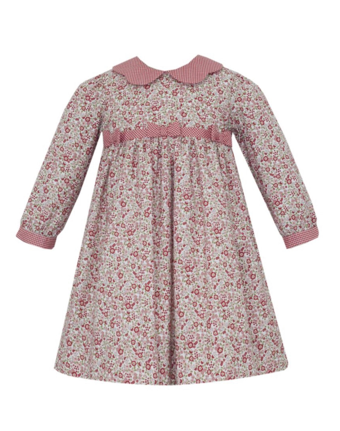 Red Floral Dress w/ Red Gingham Scalloped Collar and Sash w/ Bows