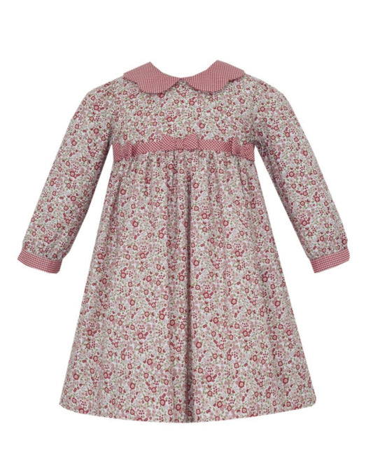Red Floral Dress w/ Red Gingham Scalloped Collar and Sash w/ Bows