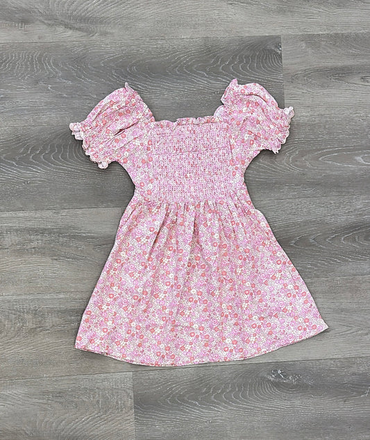 Azalea-Pink Floral Smocked Bodice Dress