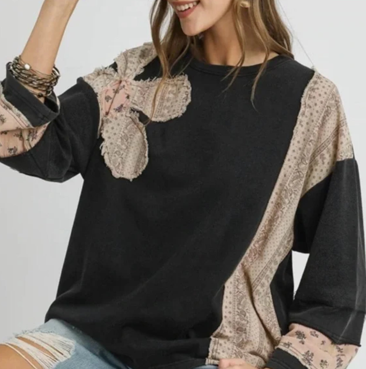 Ash, French Terry Patchwork Sleeve Pullover