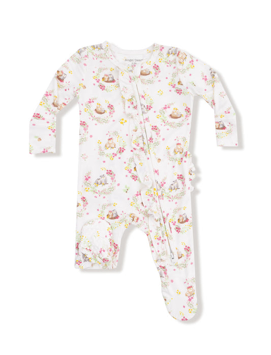 Floral Owl Families- 2 Way Ruffle Zipper Footie