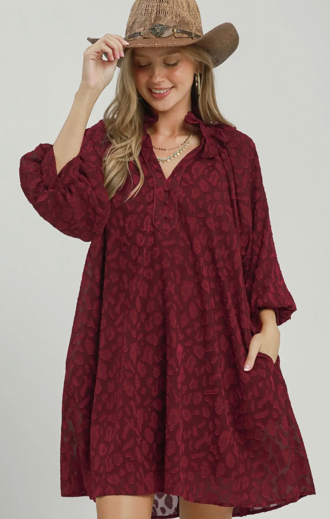 Textured Animal Print Dress-Burgundy