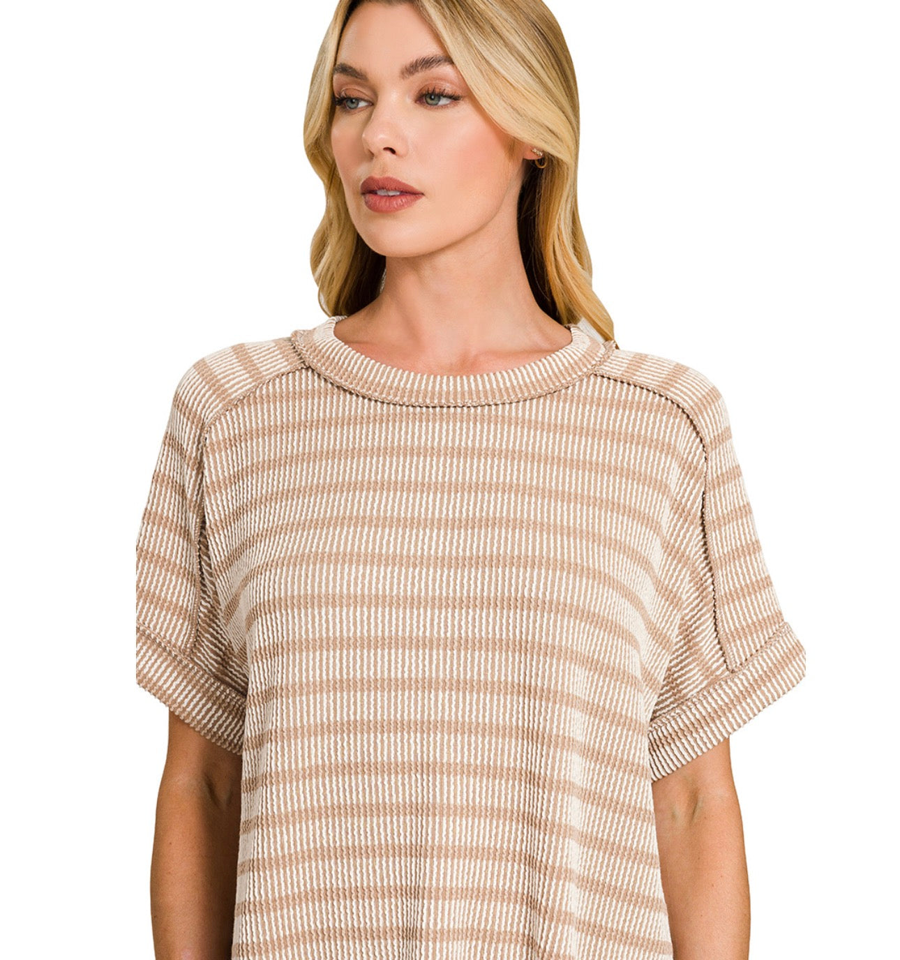 Ash Mocha- RAISED RIB STRIPED EXPOSED SEAM TOP