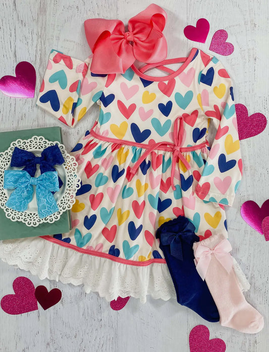 Multi-Color Hearts Lace Trim Dress