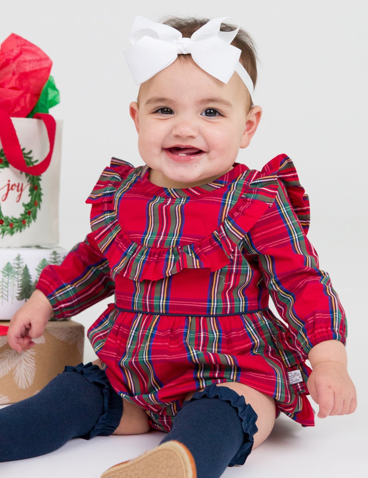 Long Sleeve Ruffle Trim Bubble Romper-Tis The Season Plaid