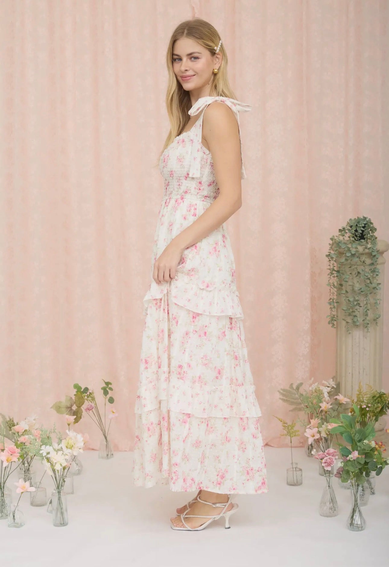 Pink Multi- Floral Sweetheart Smocked Ruffle Detail Midi Dress