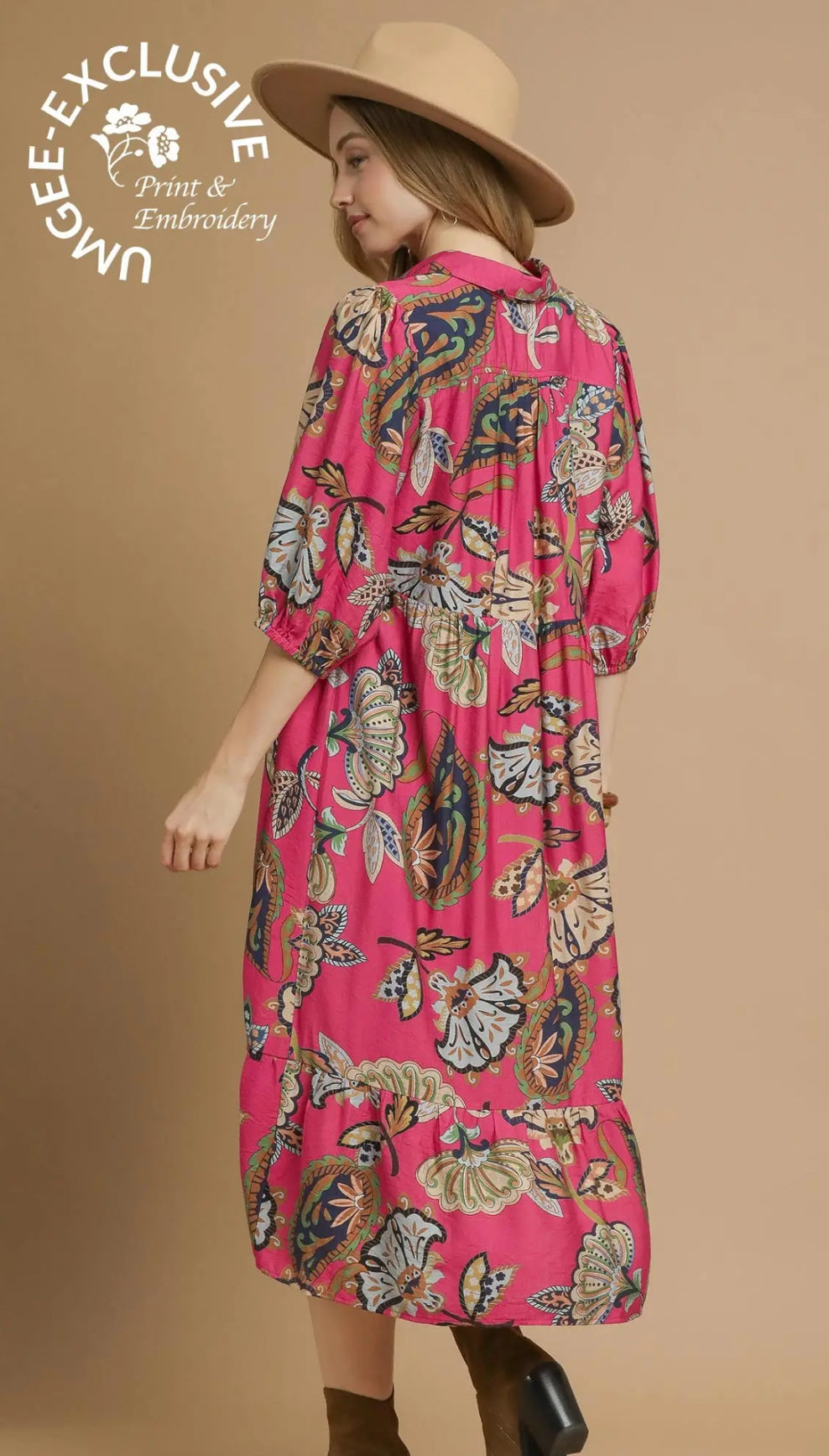 Pink- Boho Paisley Tiered Midi Dress