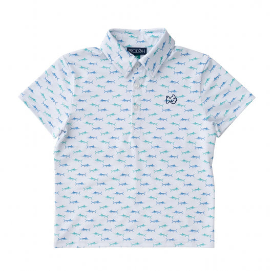 Boys Short Sleeve Pro Performance Polo in Fish Print in White
