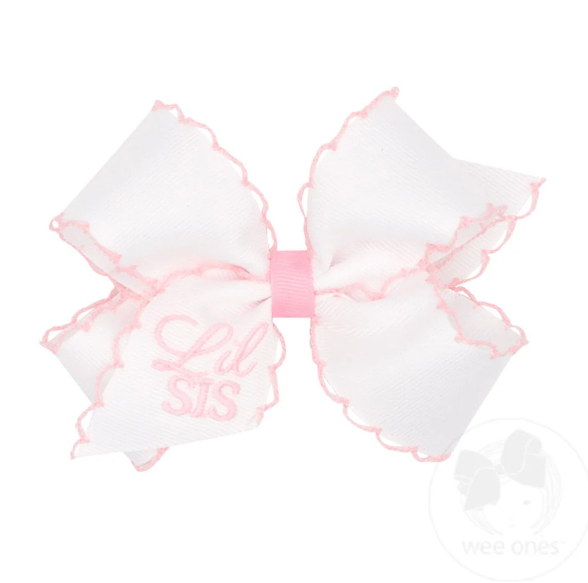 Medium Grosgrain Hair Bow with Light Pink Moonstitch Edge and Lil Sis Embroidery 5” x 3”