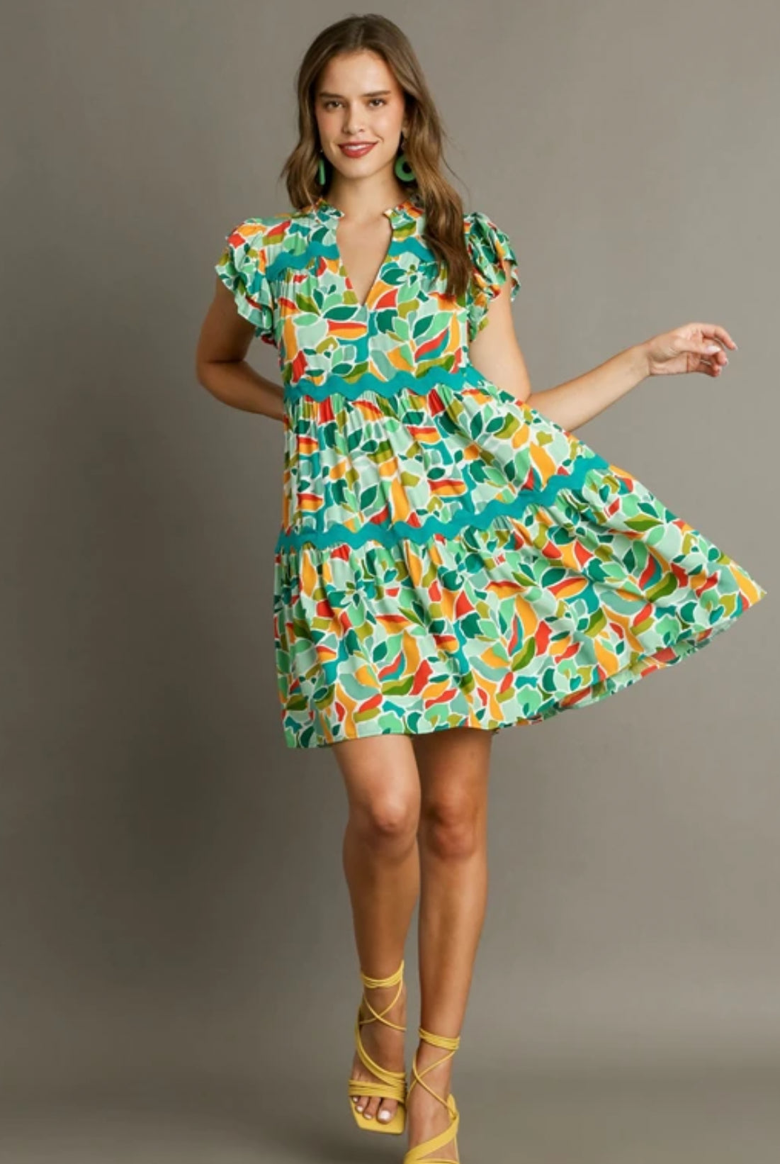 Green Abstract Print Tiered Split Ruffle Neck Dress with Ric Rac Trim