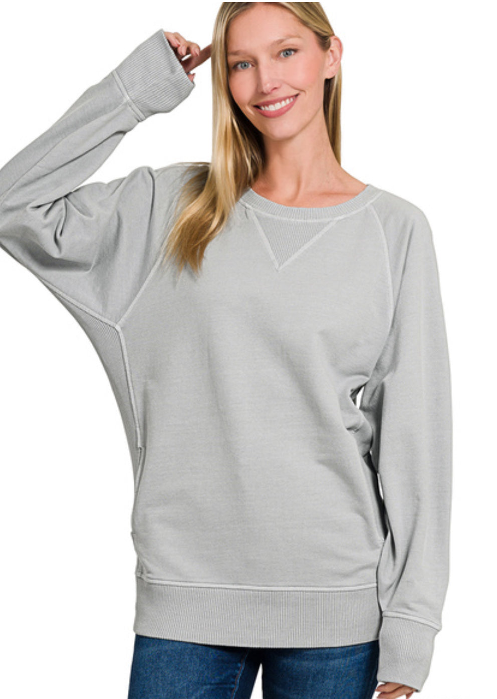 French Terry Pullover with Pockets- Lt Grey
