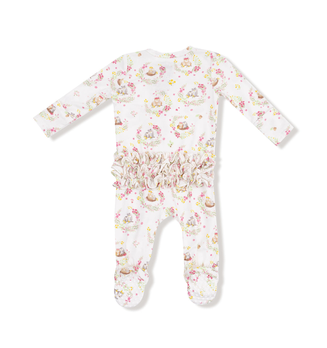 Floral Owl Families- 2 Way Ruffle Zipper Footie