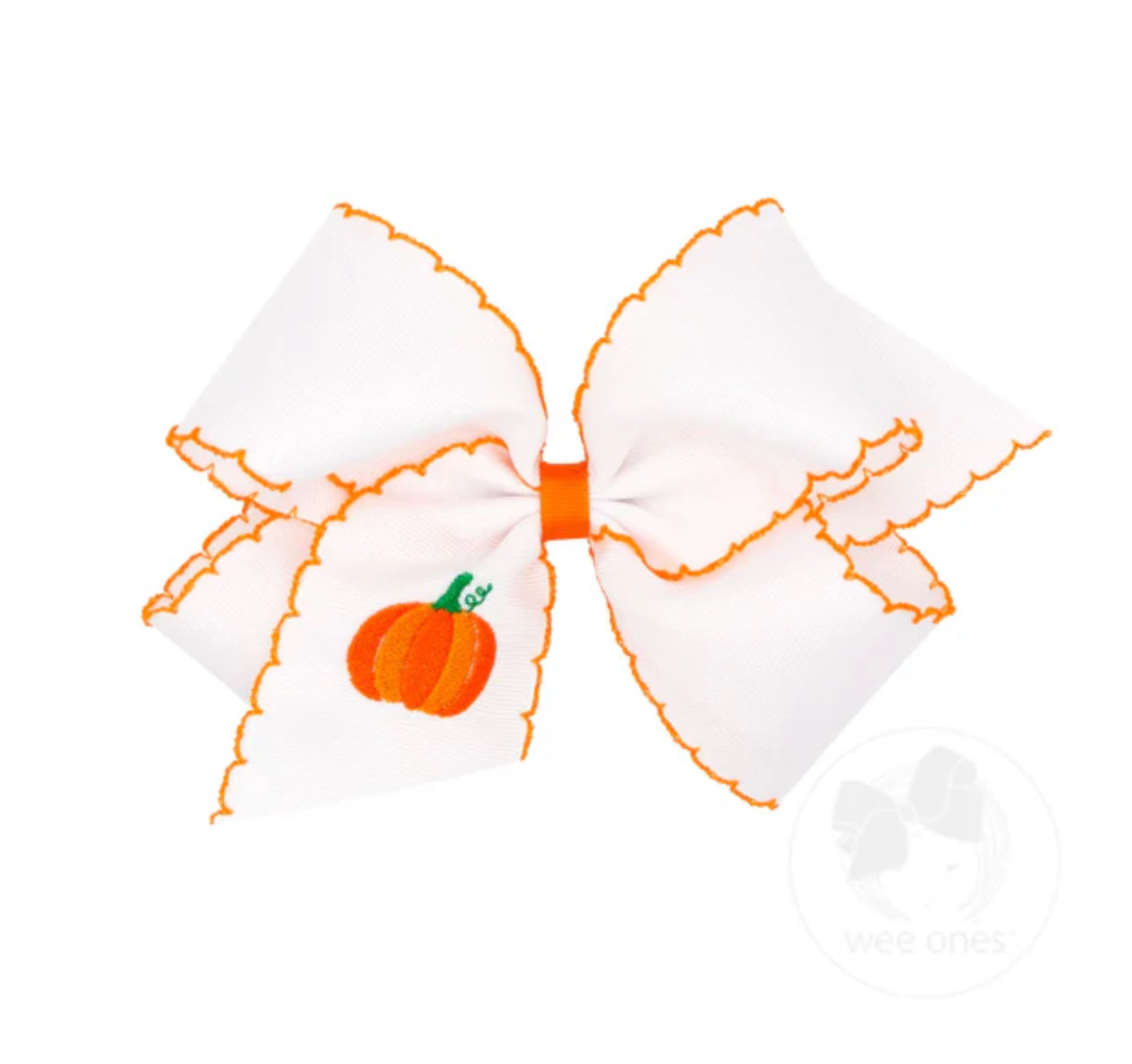 King Grosgrain Hair Bow with Moonstitch Edges and Pumpkin Embroidery, 6.25” x 5”