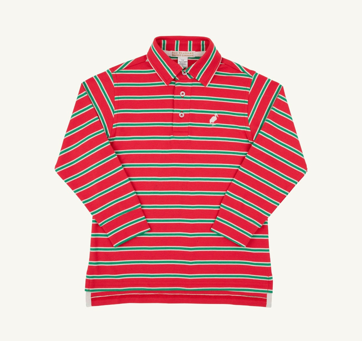 Prim and Proper Polo LS -Pima- Richmond Red Kiawah Kelly Green and Palmetto Pearl Stripe/Palmetto Pearl