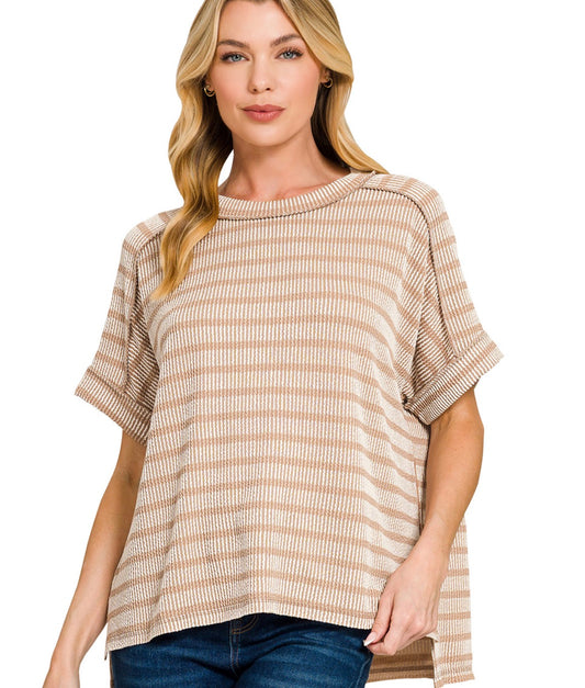 Ash Mocha- RAISED RIB STRIPED EXPOSED SEAM TOP