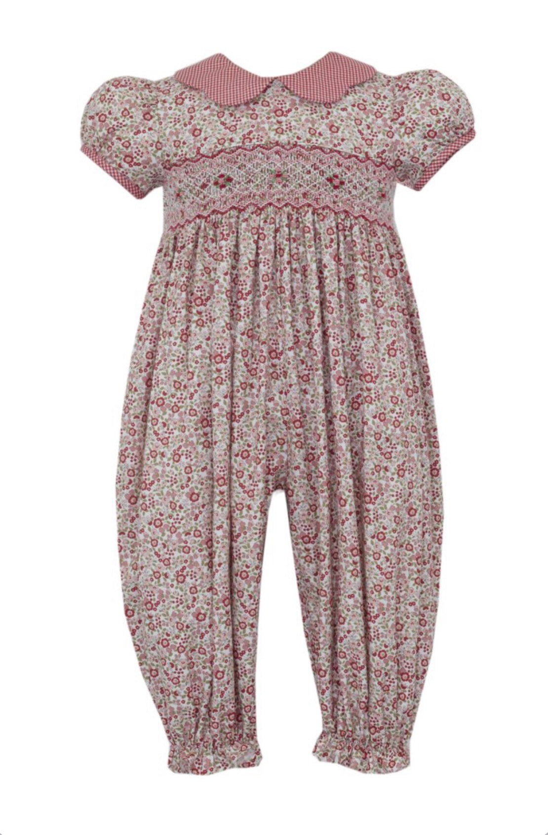 Red Floral Girl's Long Romper w/ Red Gingham Scalloped Collar