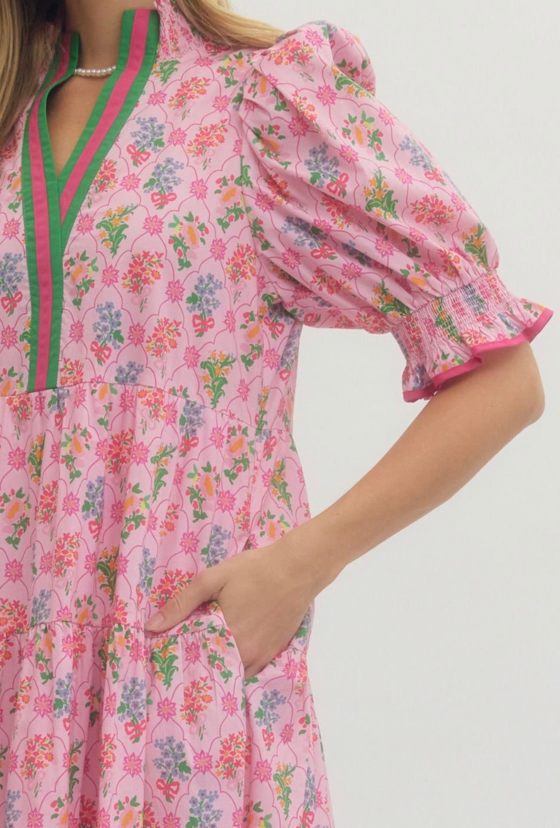 Pink Floral print puff sleeve midi dress