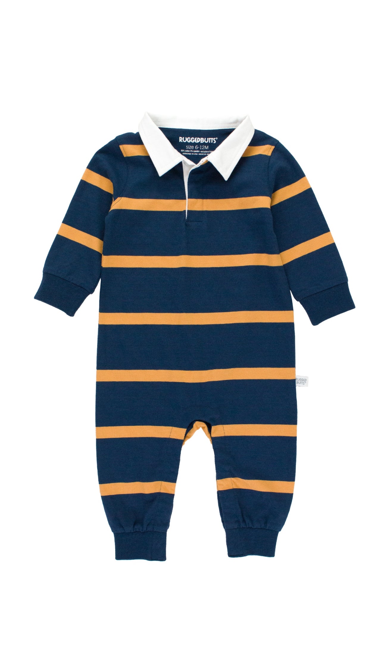 Rugby Polo Romper-Navy and Honey Wide Stripe