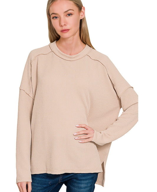 Ash Mocha- Raised Rib Raw Edge Boat Neck Long Sleeve Top