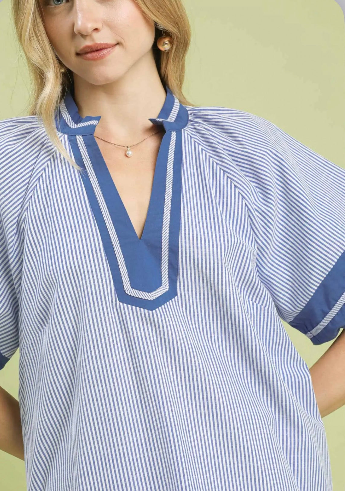 Blue- Striped Mixed V-Neck Mini Dress