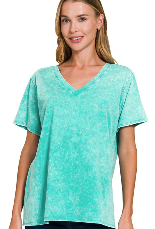 Turquoise-WASHED SHORT SLEEVE V-NECK TOP