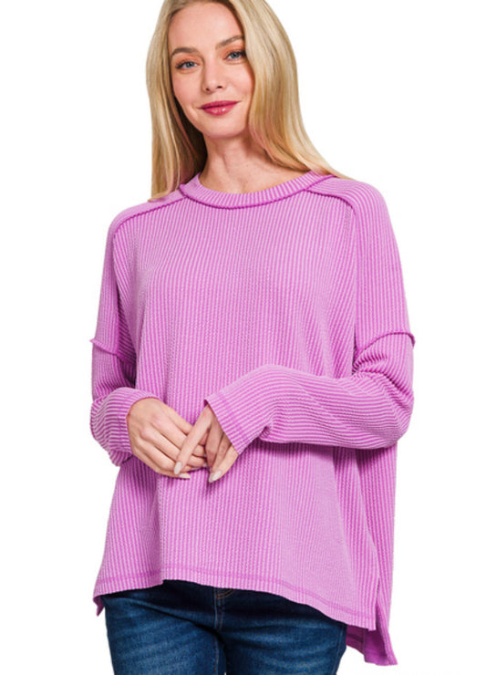 Spring Violet- Raised Rib Raw Edge Boat Neck Long Sleeve Top
