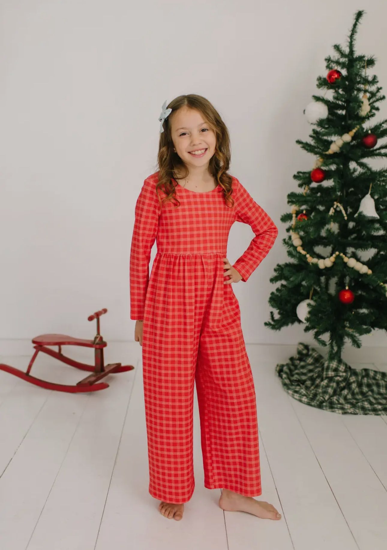 Long Sleeve Leggy Romper in Red Pinic Plaid