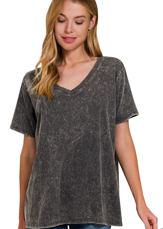 Ash Black-WASHED SHORT SLEEVE V-NECK TOP