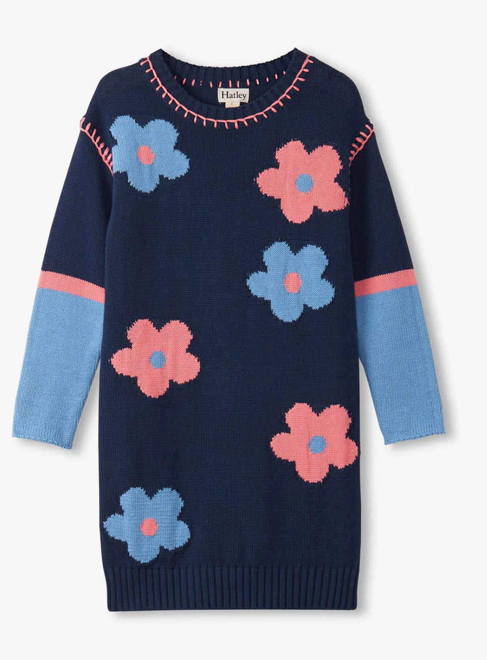 Girls Navy Flower Drop Shoulder Sweater Dress