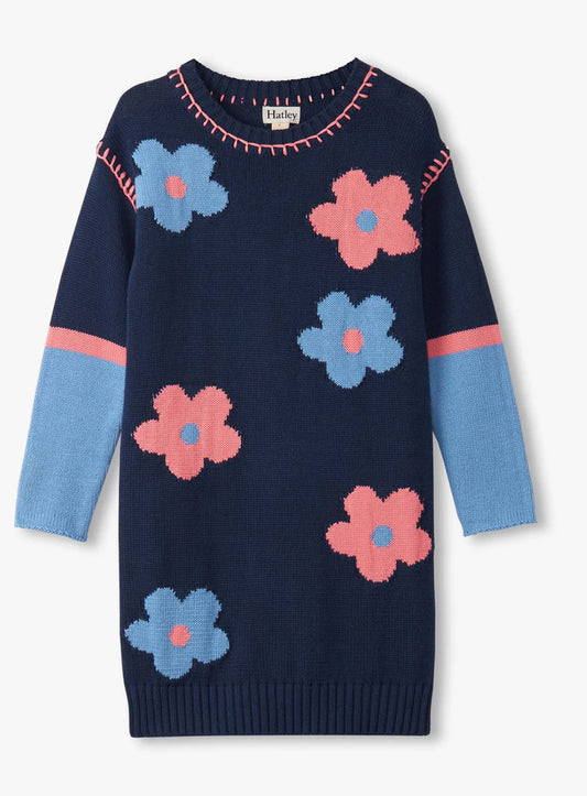 Girls Navy Flower Drop Shoulder Sweater Dress