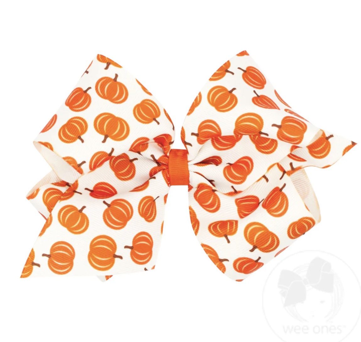 White Pumpkin Print King Harvest Grosgrain Hair Bow