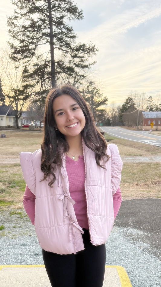 Flutter Sleeve Bow Detail Zip Up Puffer Vest-Blush