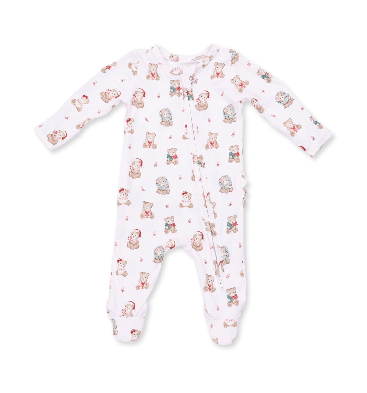 Christmas Teddy Bears-Pink- 2 Way Ruffle Back Zipper Footie