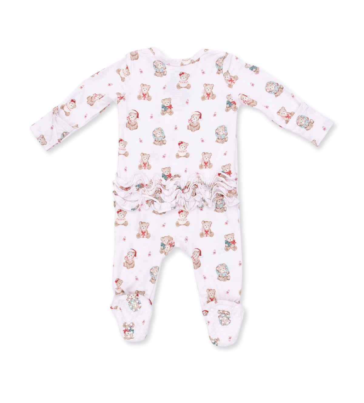 Christmas Teddy Bears-Pink- 2 Way Ruffle Back Zipper Footie