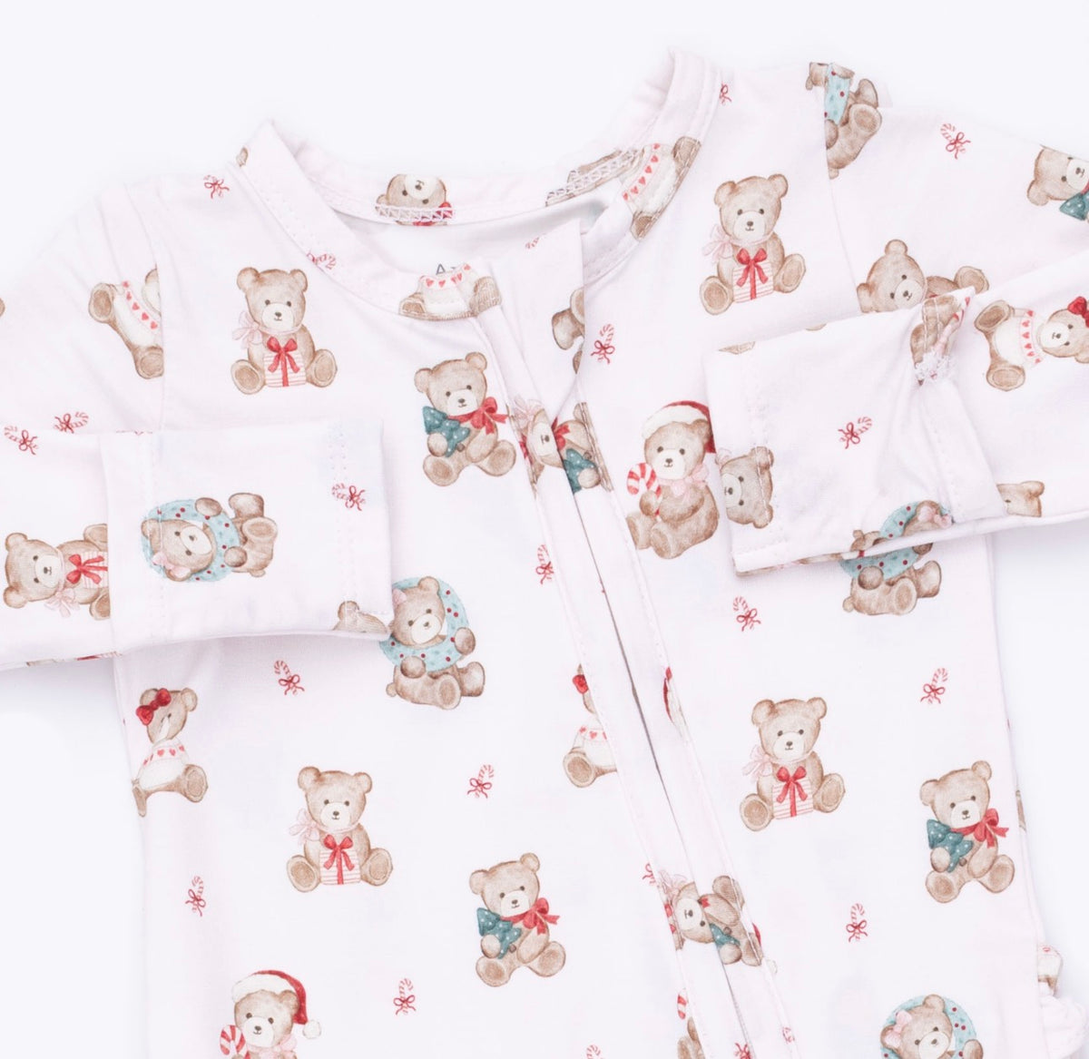 Christmas Teddy Bears-Pink- 2 Way Ruffle Back Zipper Footie