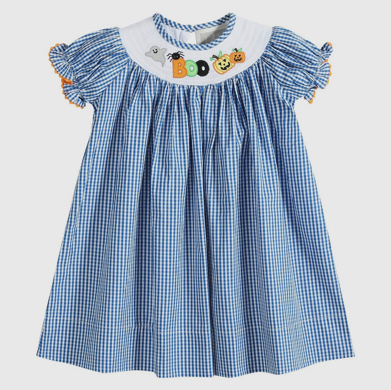 Blue Gingham Halloween Boo Smocked Bishop Dress