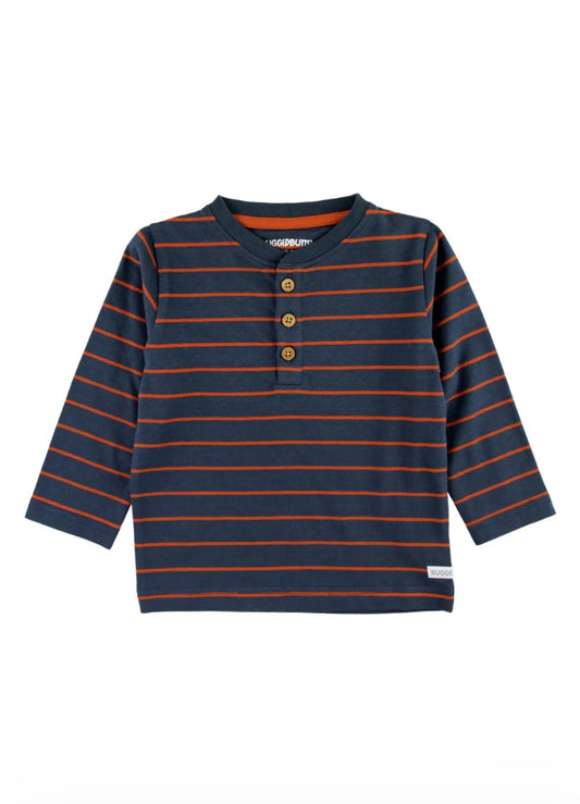 Navy and Rust Stripe Knit Long Sleeve Henley Tee