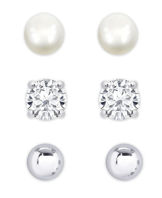 Freshwater Pearl and CZ Stud Set in Sterling Silver