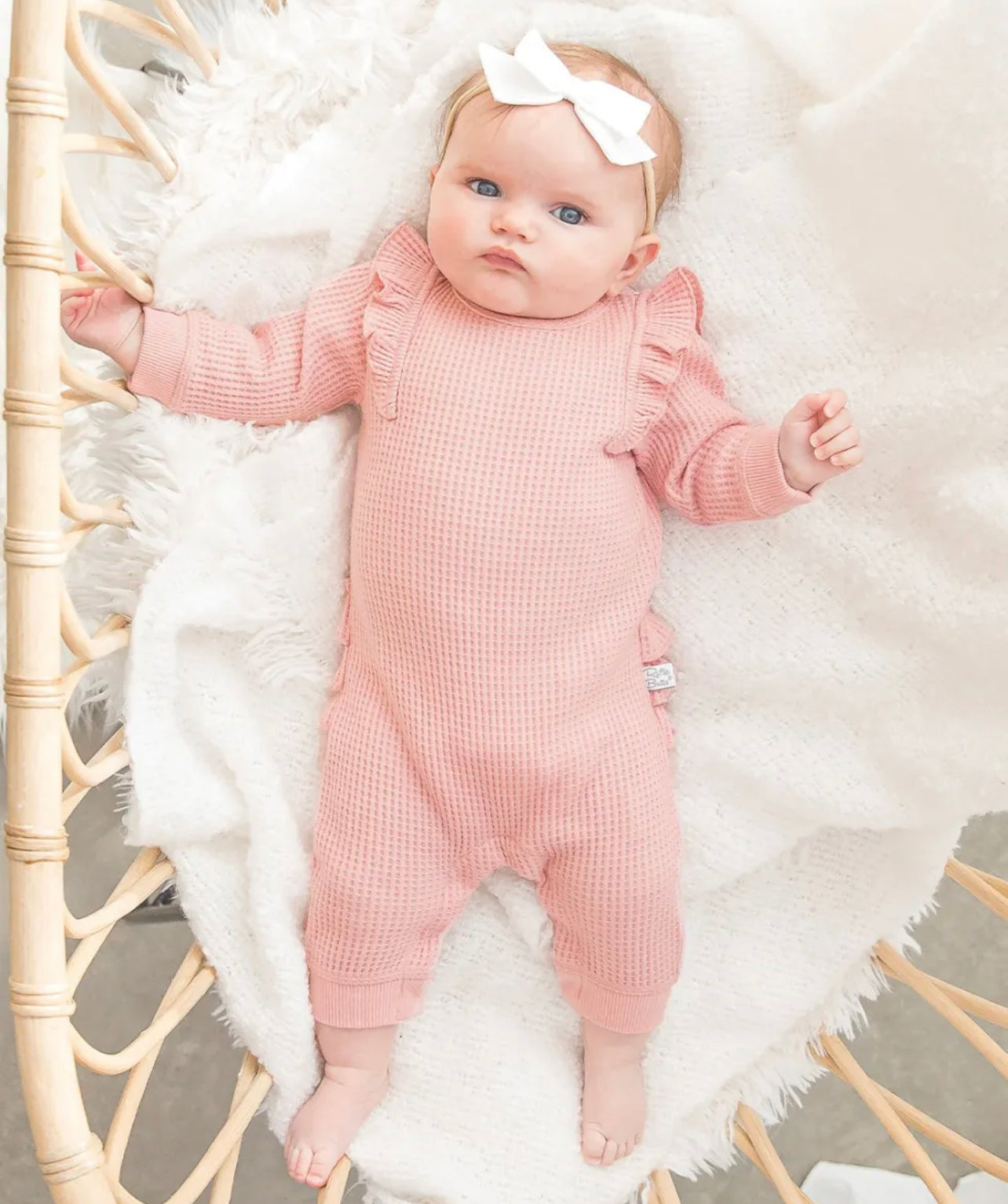 French Rose Plush Waffle Knit Long Sleeve Ruffle Jumpsuit