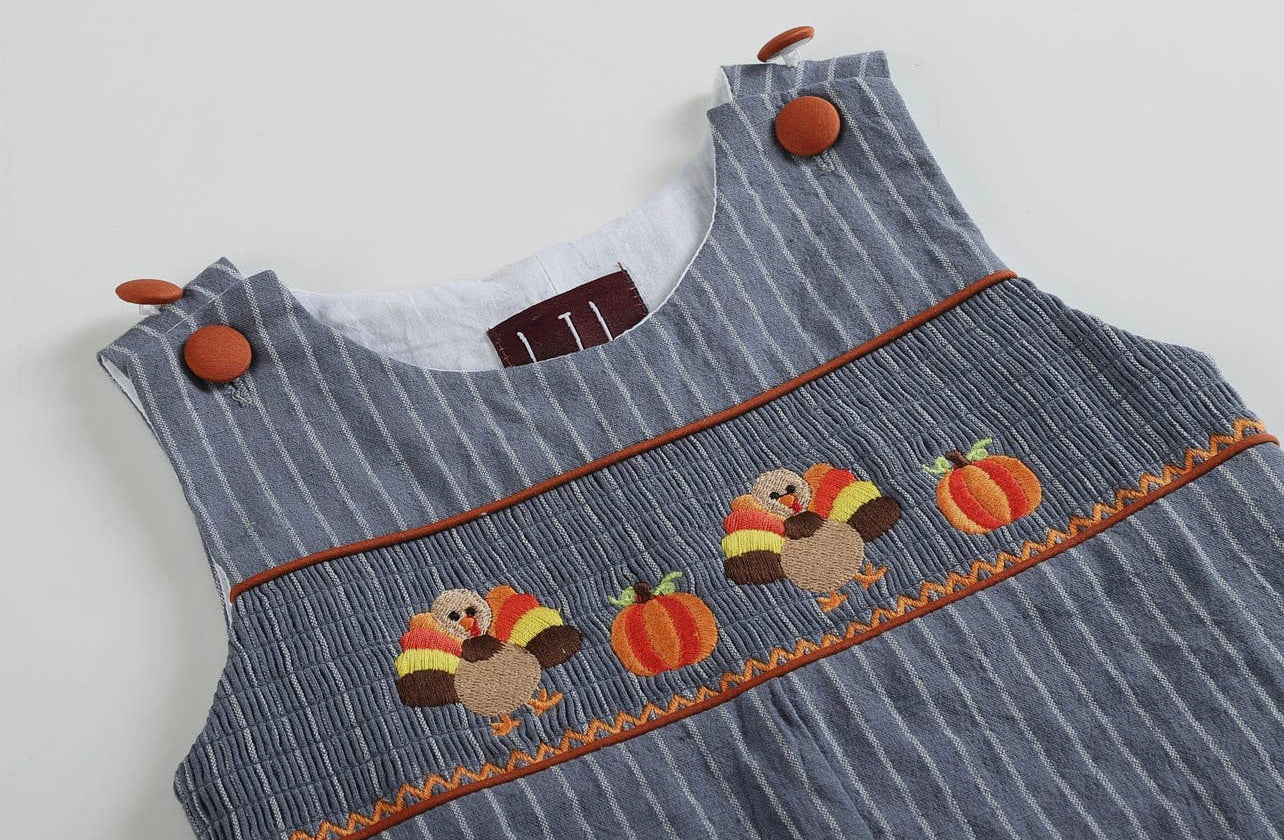 Blue Gray Stripe Smocked Turkey Overalls