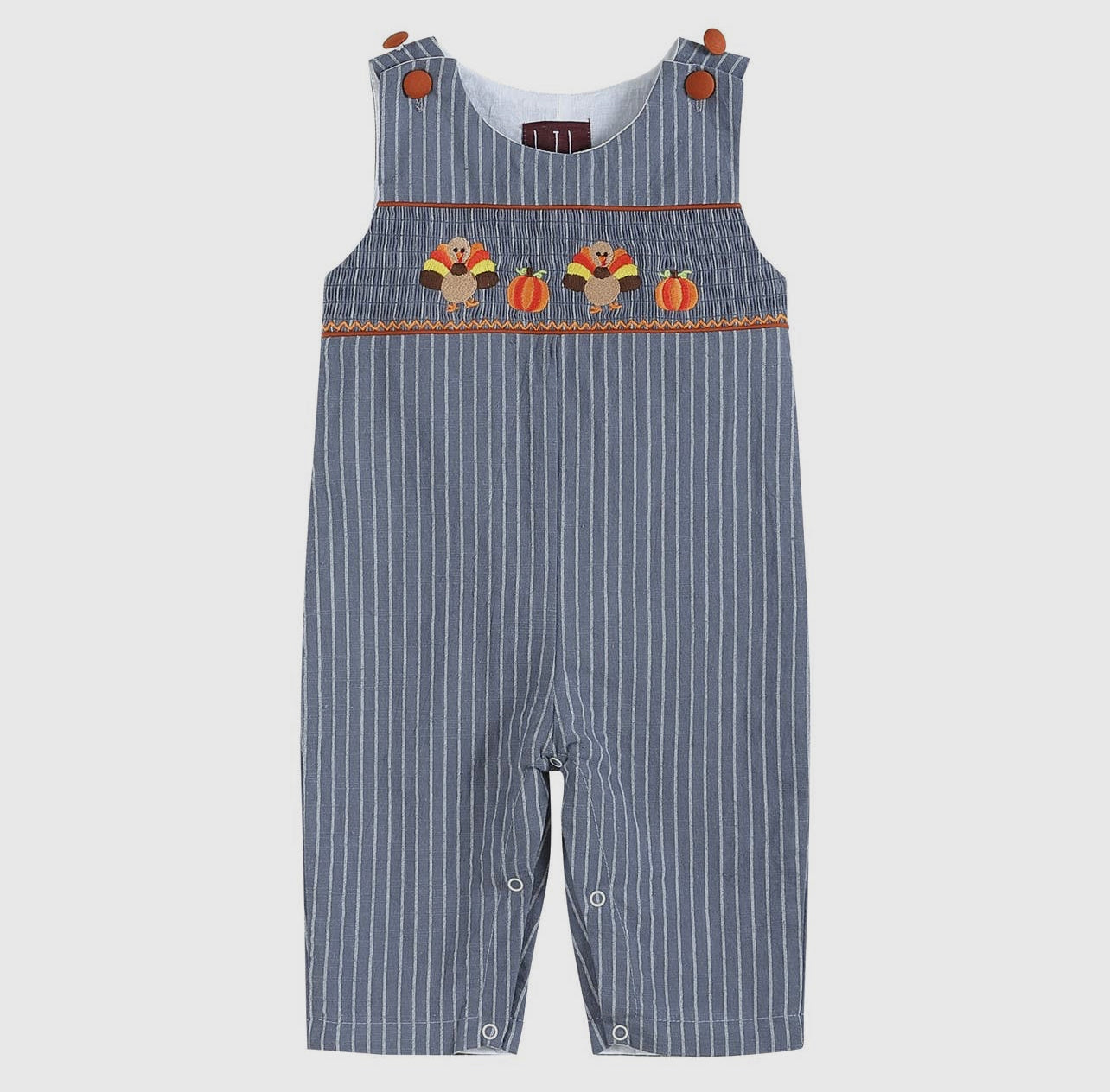 Blue Gray Stripe Smocked Turkey Overalls