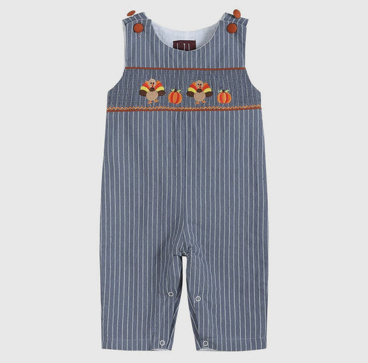 Blue Gray Stripe Smocked Turkey Overalls