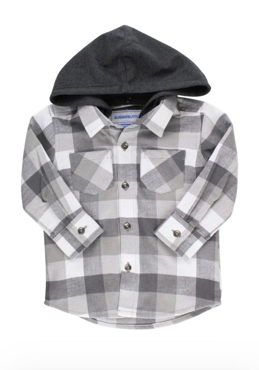 Smoky Gray Plaid Hooded Button Down Shirt