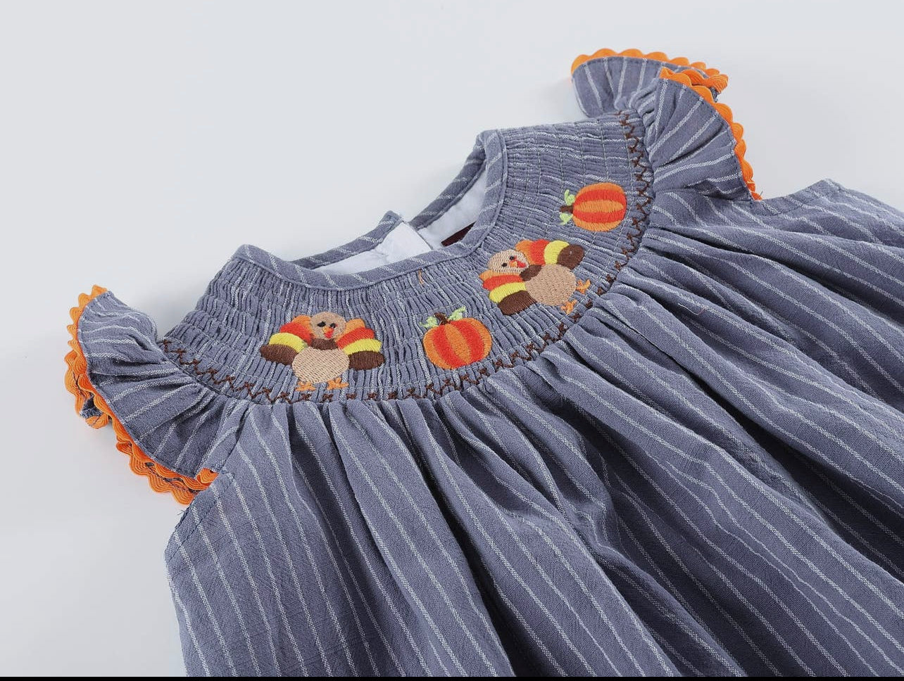 Gray Blue Smocked Turkey and Pumpkins Thanksgiving Dress